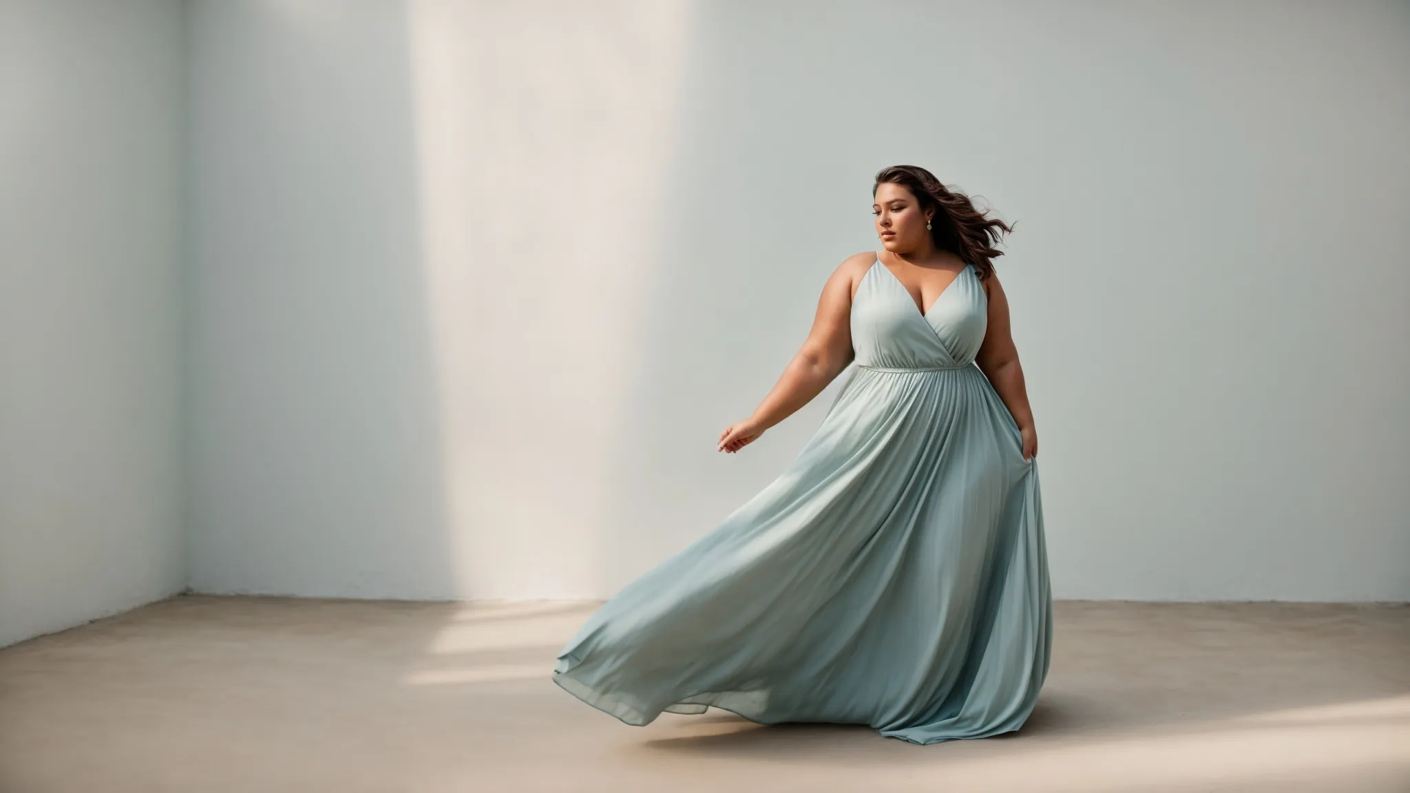 a plus-size model in a flowing, elegant dress poses confidently against a minimalist backdrop.