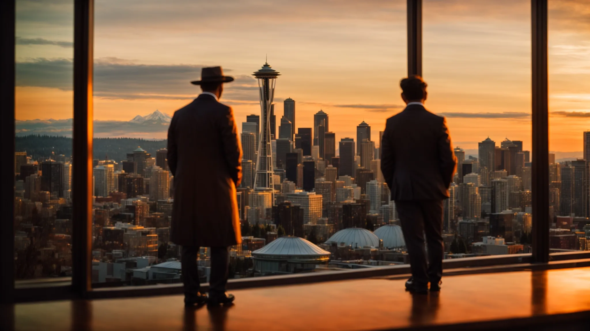 a couple gazes out at the seattle skyline highlighted by the iconic space needle, embraced by the vibrant colors of sunset.