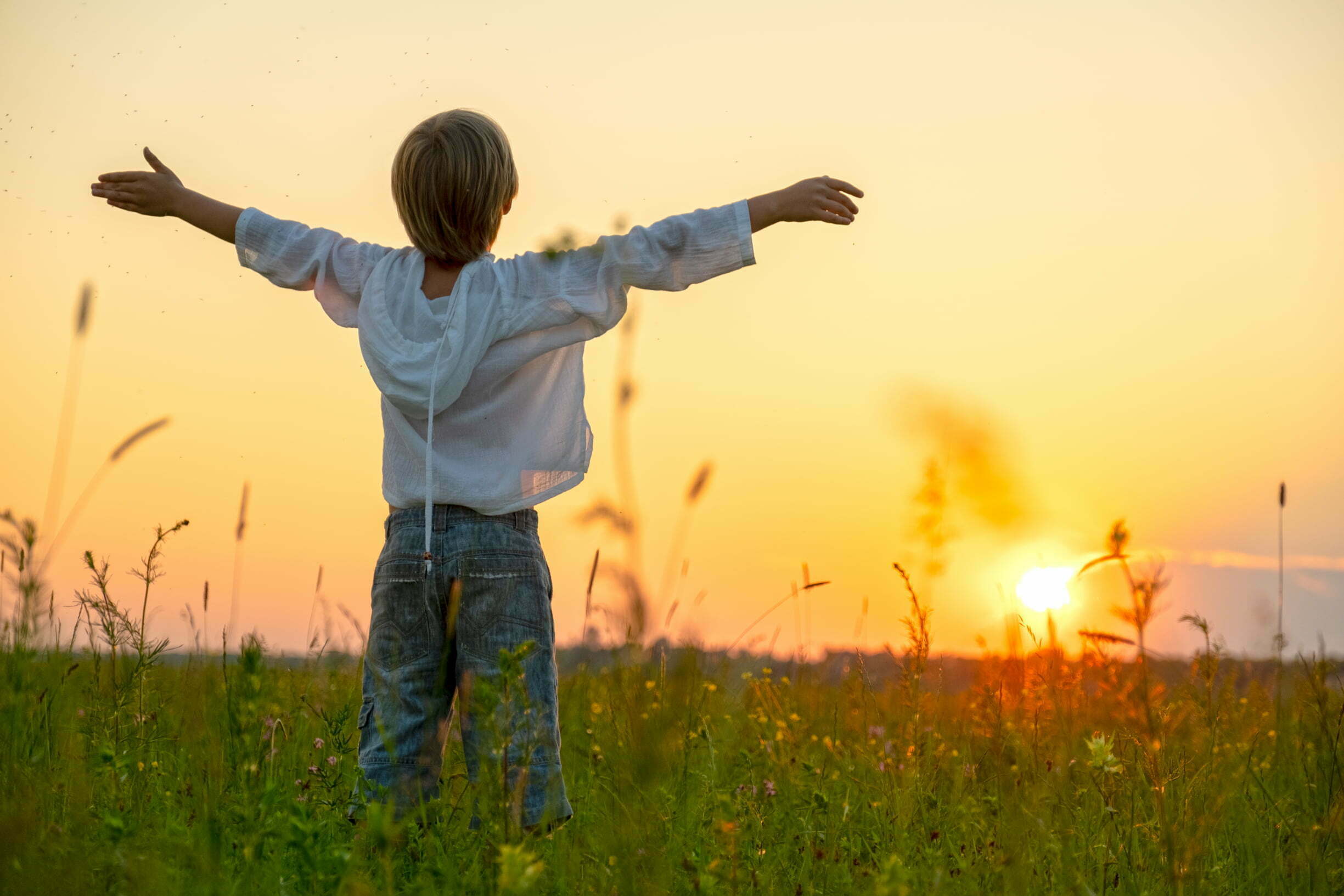 Happy boy with raised hands looks at the sunset in summer.