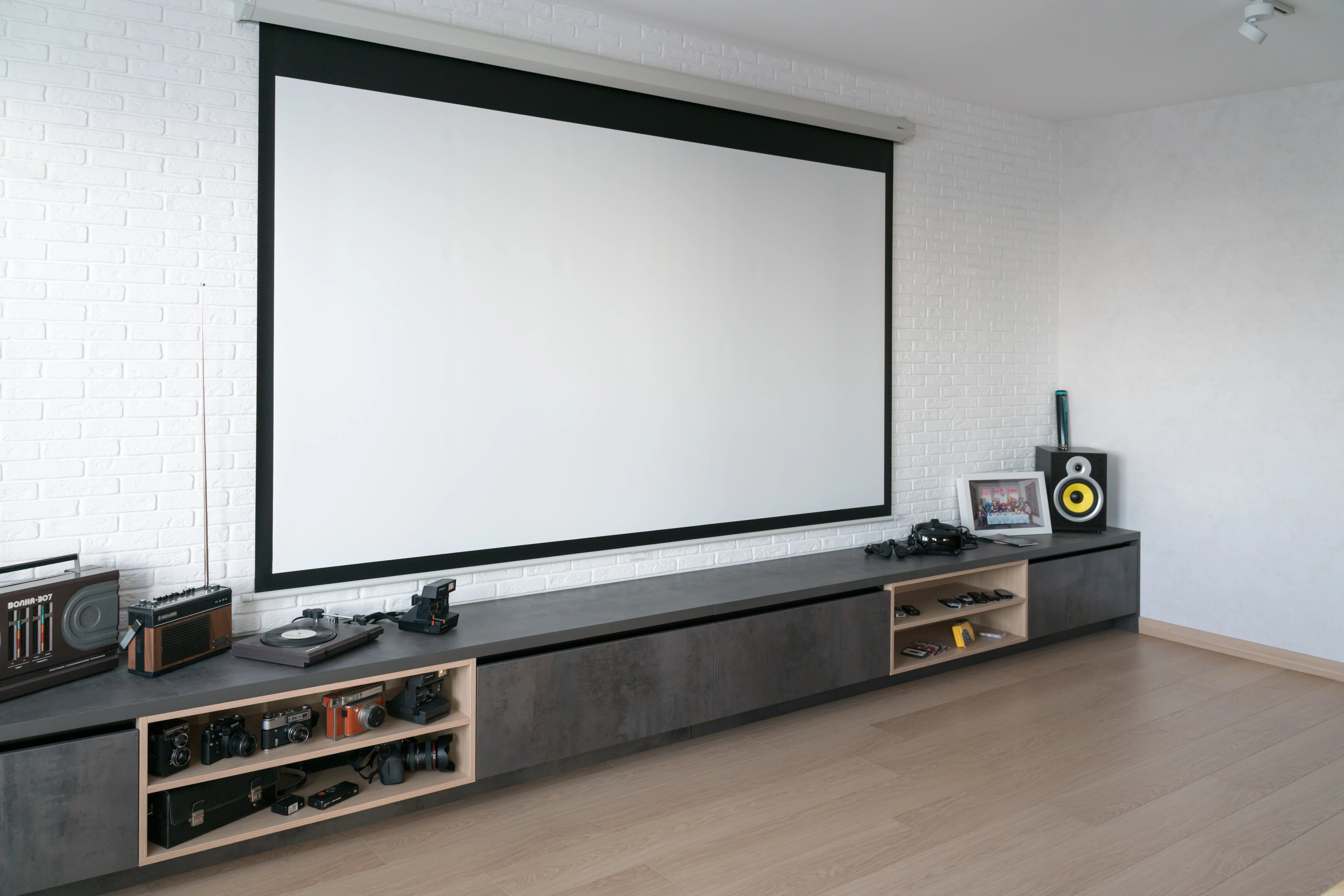 home theater system in living room with minimalist modern interior without people