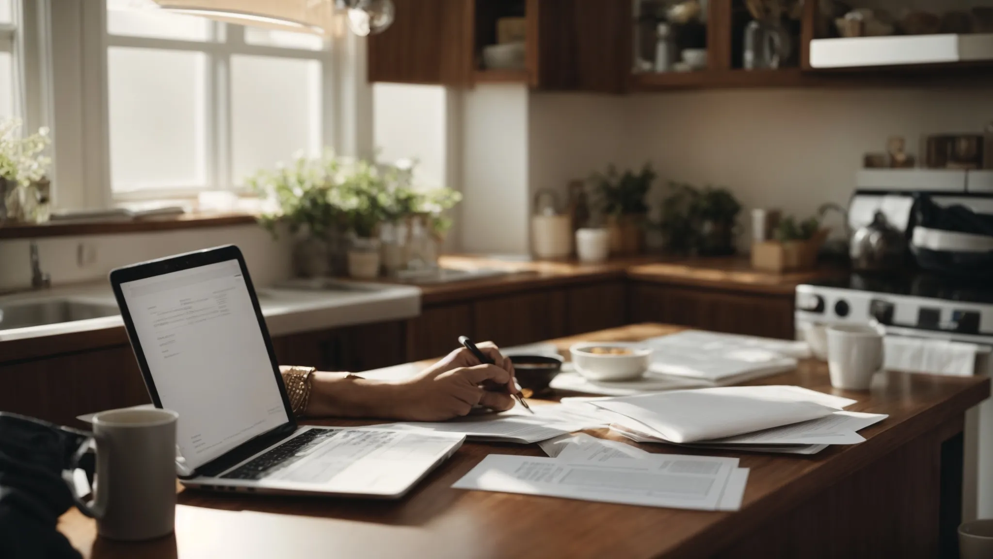 a stressed individual sits at a kitchen table, surrounded by financial documents, consulting a budget planner on a laptop.
