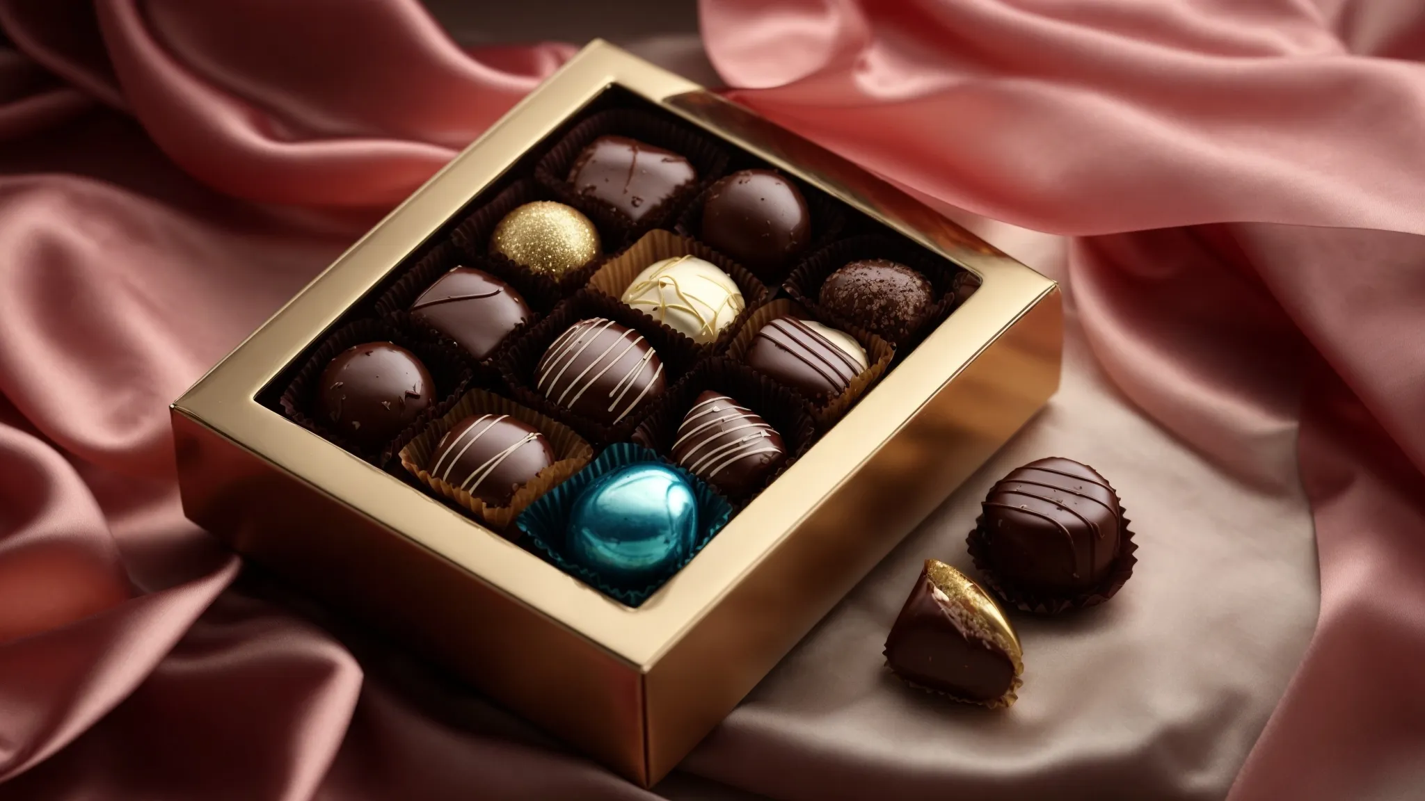 a box of assorted chocolates sits elegantly on a silky ribbon, epitomizing a timeless gift choice.