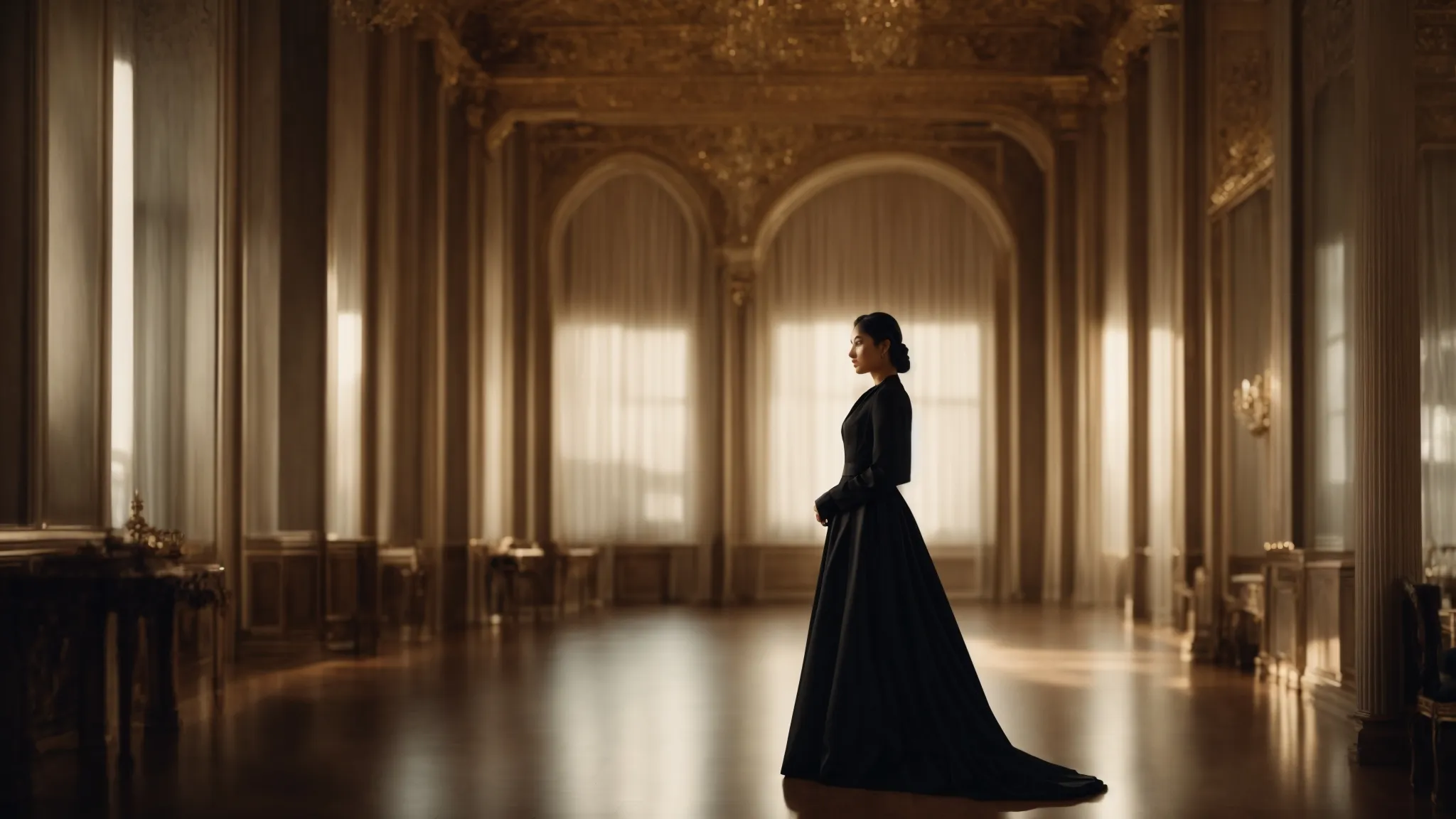 a woman stands poised in an elegant, long-sleeved black dress amidst a grand, softly lit ballroom.