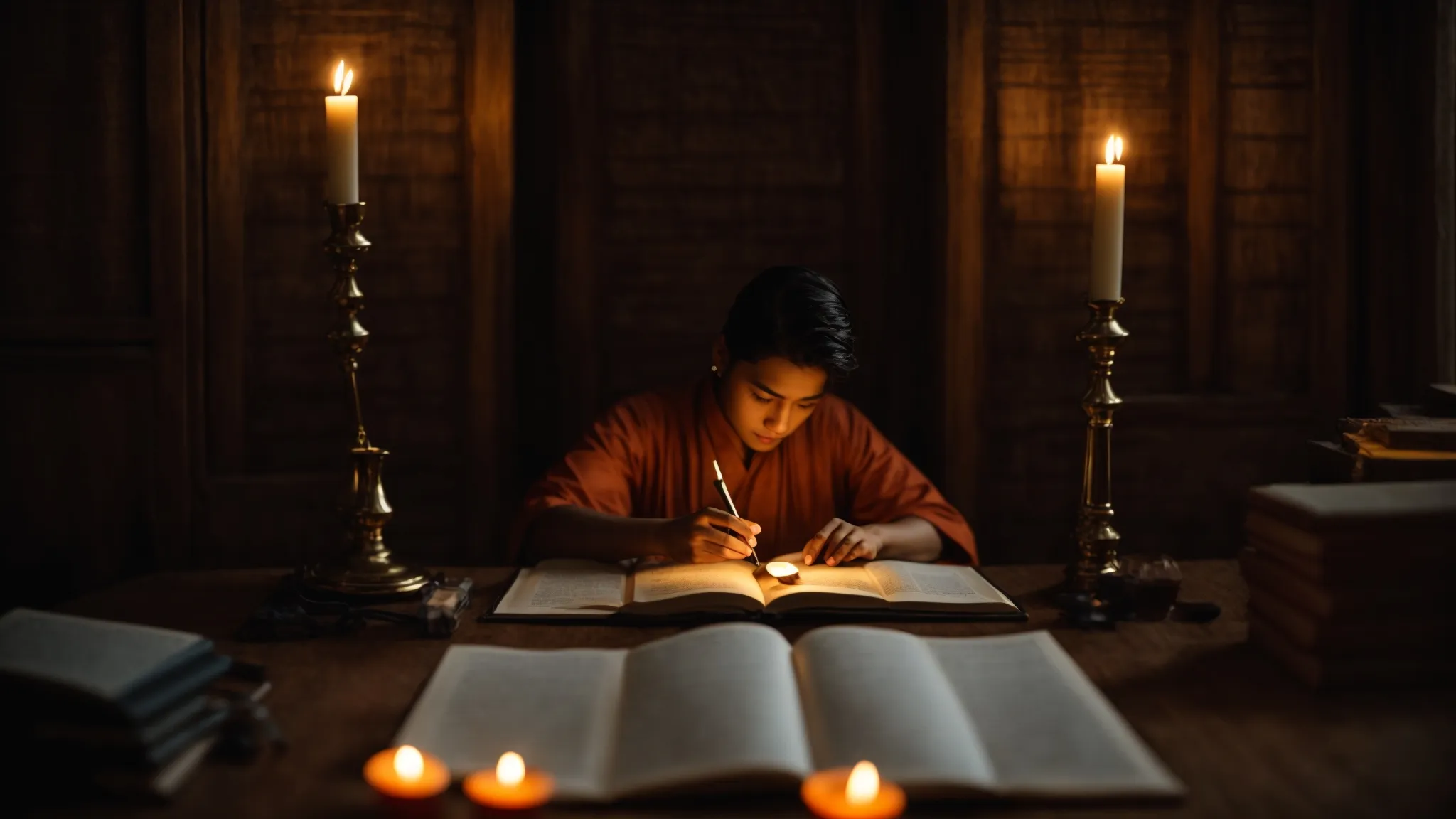 a person sitting in front of an ancient manuscript illuminated by candlelight, studying intently.