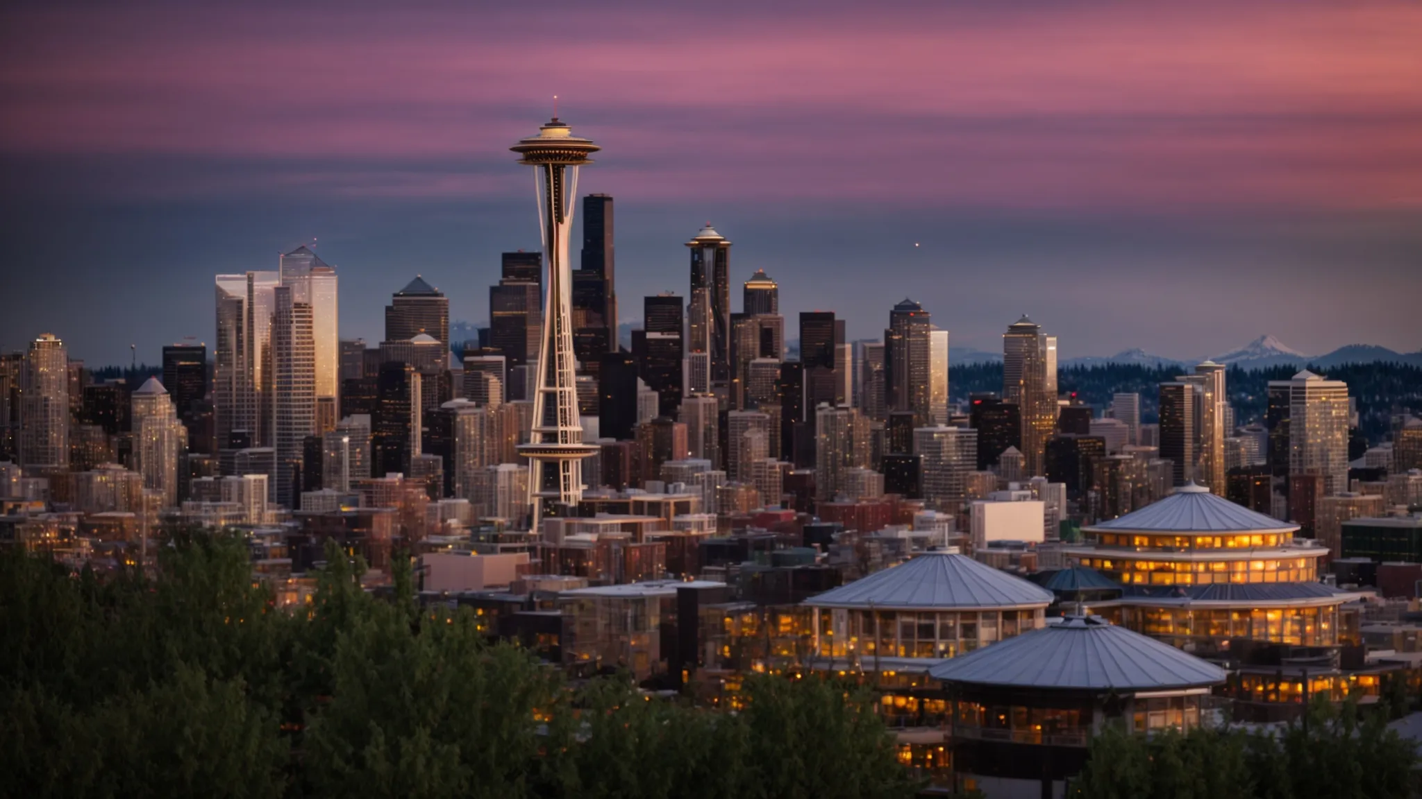 a panoramic view of the seattle skyline highlighted by the space needle under a gleaming sunset.