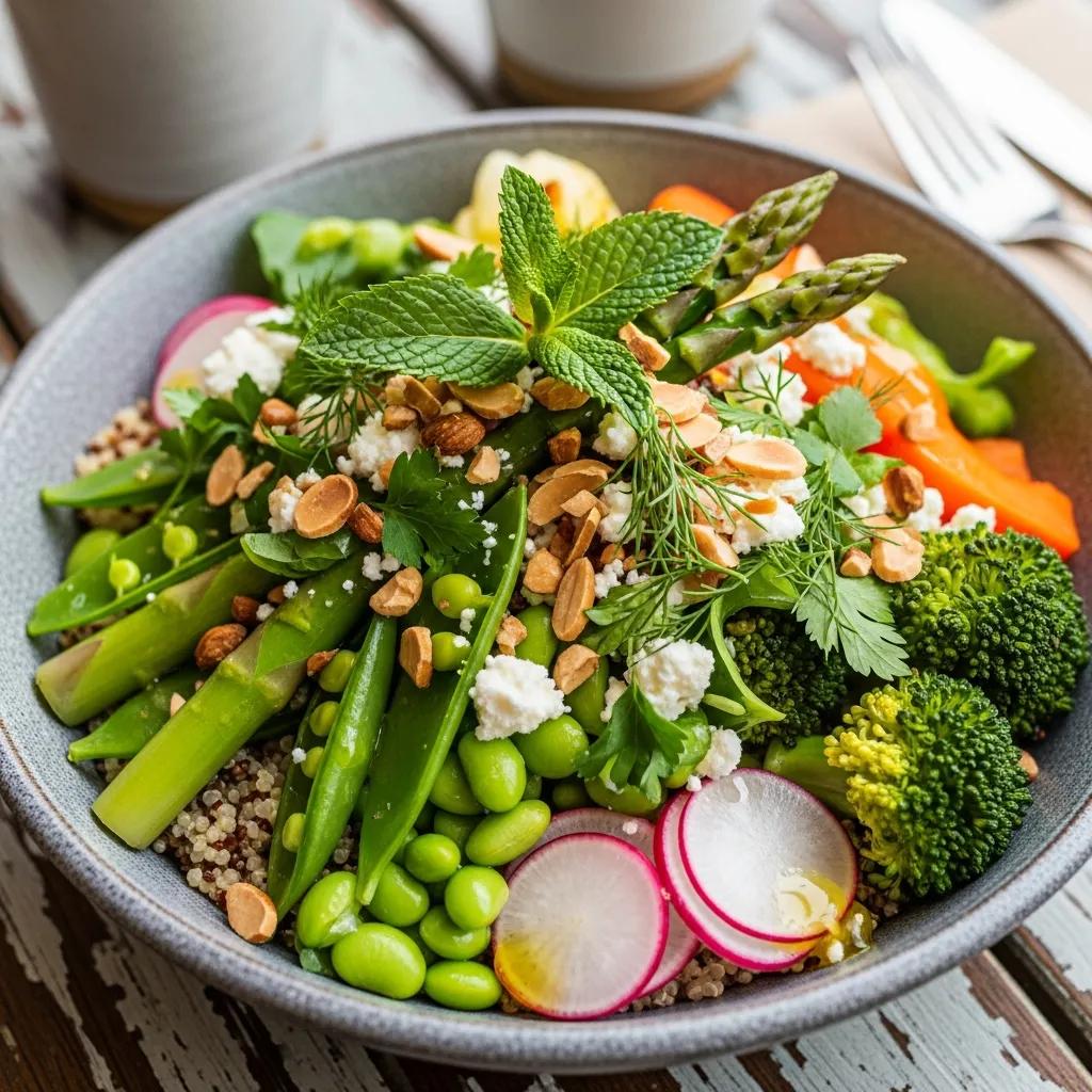 A close-up of a Spring Vegetable Quinoa Bowl, highlighting fresh vegetables and nutritional benefits