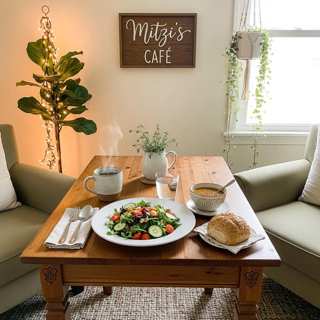 A cozy home cafe setup with warm lighting and a dining table, creating an inviting atmosphere for healthy meals