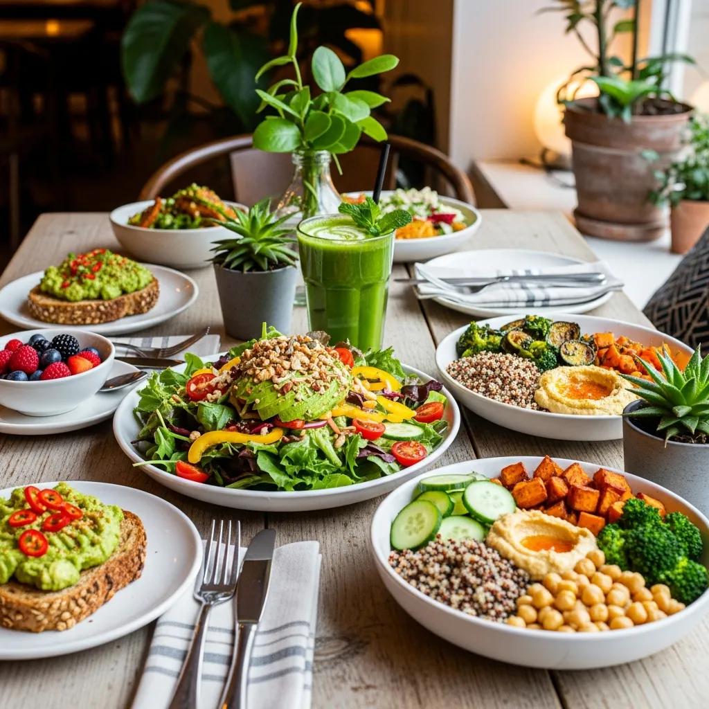 A table set with healthy cafe dishes including a salad, quinoa bowl, and smoothie, emphasizing nutritious eating